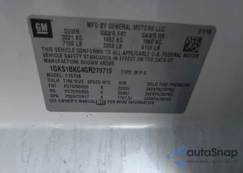 2016 GMC Yukon Slt z USA, uszkodzony, nr VIN 1GKS1BKC4GR279715